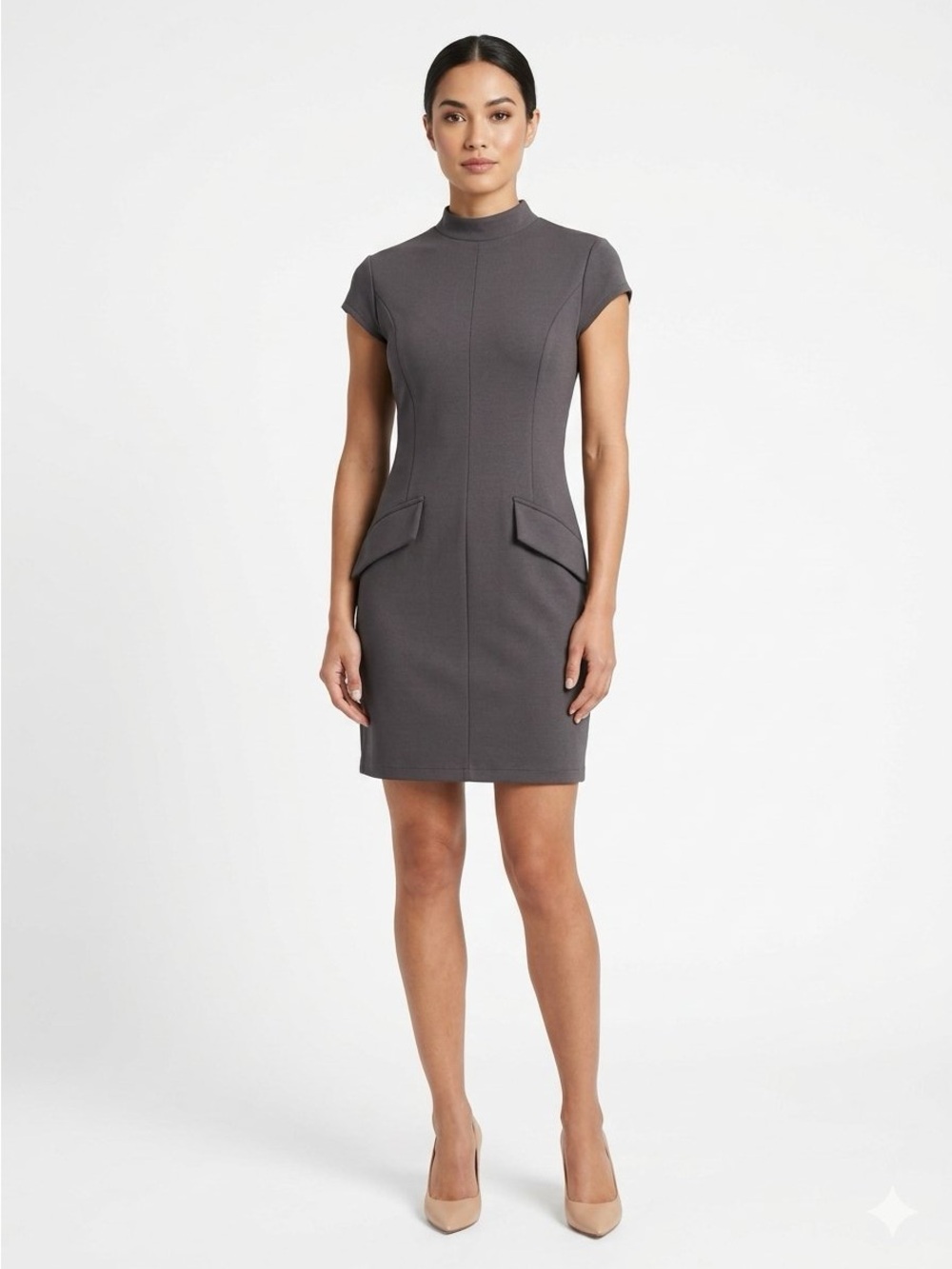 Cap-Sleeve Mini Sheath Dress in Charcoal Gray